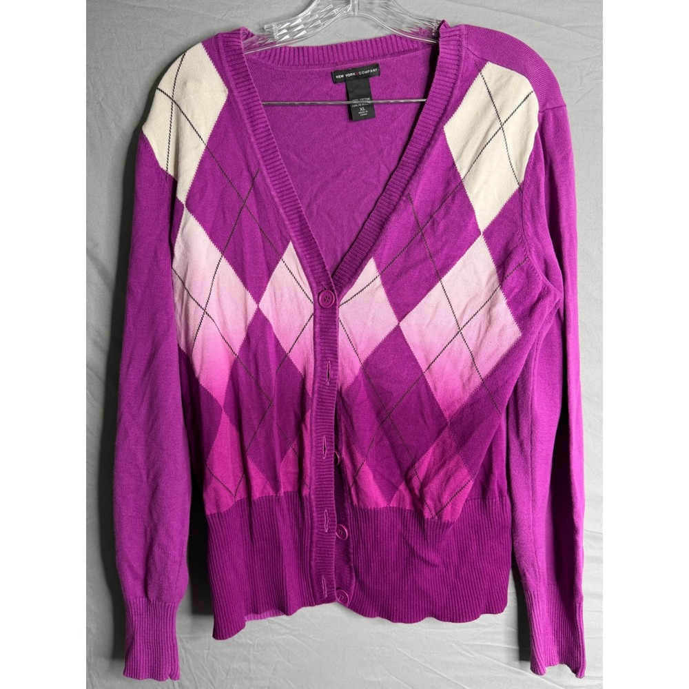 New York & Company Purple Argyle Cotton V-Neck Cardigan Sweater XL